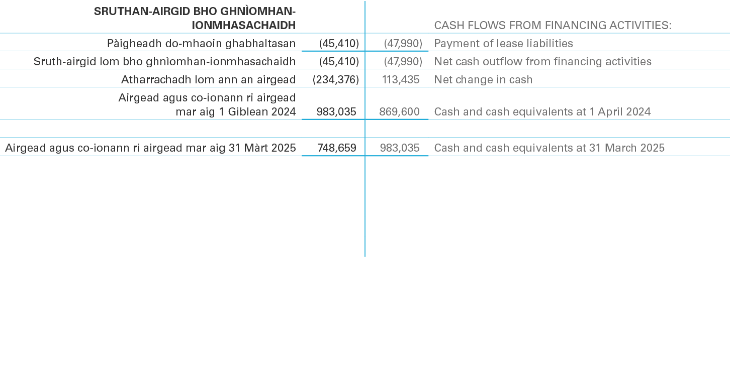 SRUTHAN AIRGID BHO GHN OMHAN IONMHASACHAIDH,,,CASH FLOWS FROM FINANCING ACTIVITIES: ,P igheadh do mhaoin ghabhaltasan...