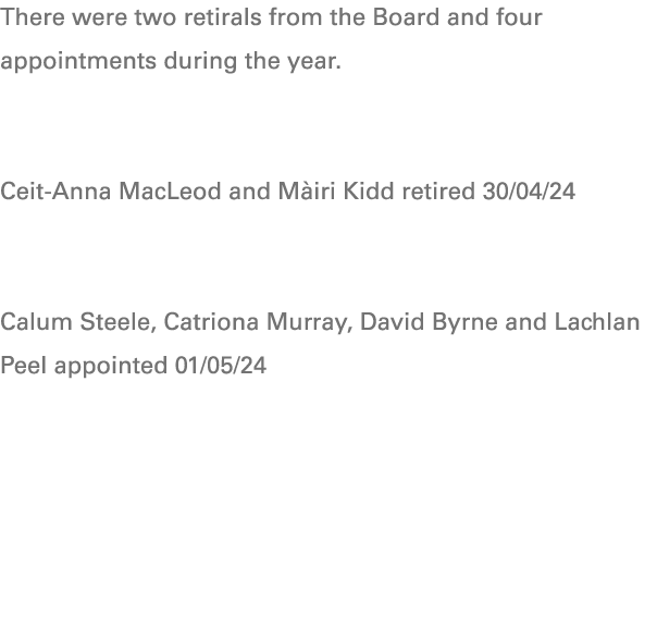 There were two retirals from the Board and four appointments during the year. Ceit Anna MacLeod and M iri Kidd retire...
