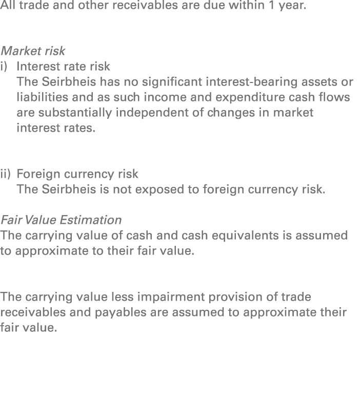 All trade and other receivables are due within 1 year. Market risk i) Interest rate risk The Seirbheis has no signifi...
