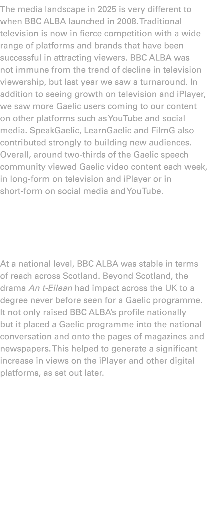 The media landscape in 2025 is very different to when BBC ALBA launched in 2008. Traditional television is now in fie...