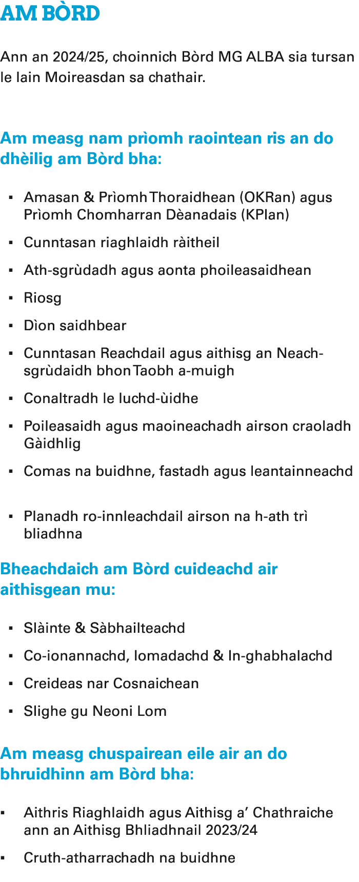 Am B rd Ann an 2024/25, choinnich B rd MG ALBA sia tursan le Iain Moireasdan sa chathair. Am measg nam pr omh raointe...