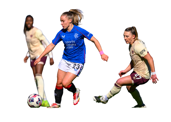 Kirsty MacLean of Rangers holds off Naomi Powell of Hearts during the ScottishPower Women's Premier League 1 match between Rangers Women and Hearts Women at Ibrox Park, Glasgow, Scotland on  30 March 2025.  Picture Malcolm Mackenzie / ScottishPower Women’s Premier League  All photo usage must carry mandatory copyright credit (© ScottishPower Women’s Premier League | Malcolm Mackenzie)