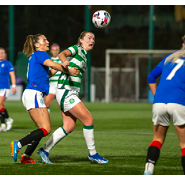 Saoirse Noonan of Celtic tries to get the ball under control while being pressed by Chelsea Cornet of Rangers during the Sky Sports Cup Semi Final, Celtic vs Rangers. New Douglas Park, Hamilton, 19/01/2025. Image Credit: Colin Poultney/SWPL